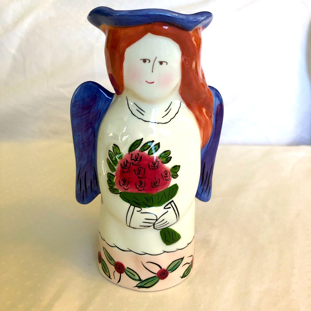 RUSS Angel Vase 6.5” Tall Ceramic  Sweet Red-Haired Angel White, Blue, Pink Red